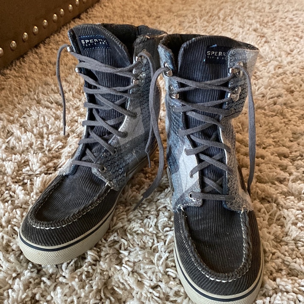 Sperry Top-Sider Corduroy & Plaid Sequin High tops. Barely worn!
